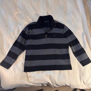 Nautica Men's Navy and Gray Striped Quarter Zip